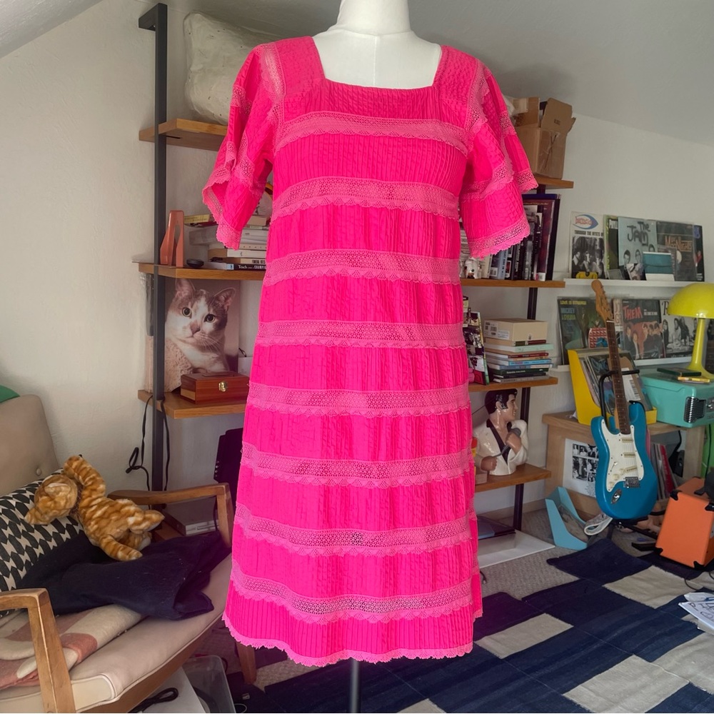 Vintage 60s 70s Mexican cotton pin tuck dress XS S pink boho peasant - Picture 5 of 6